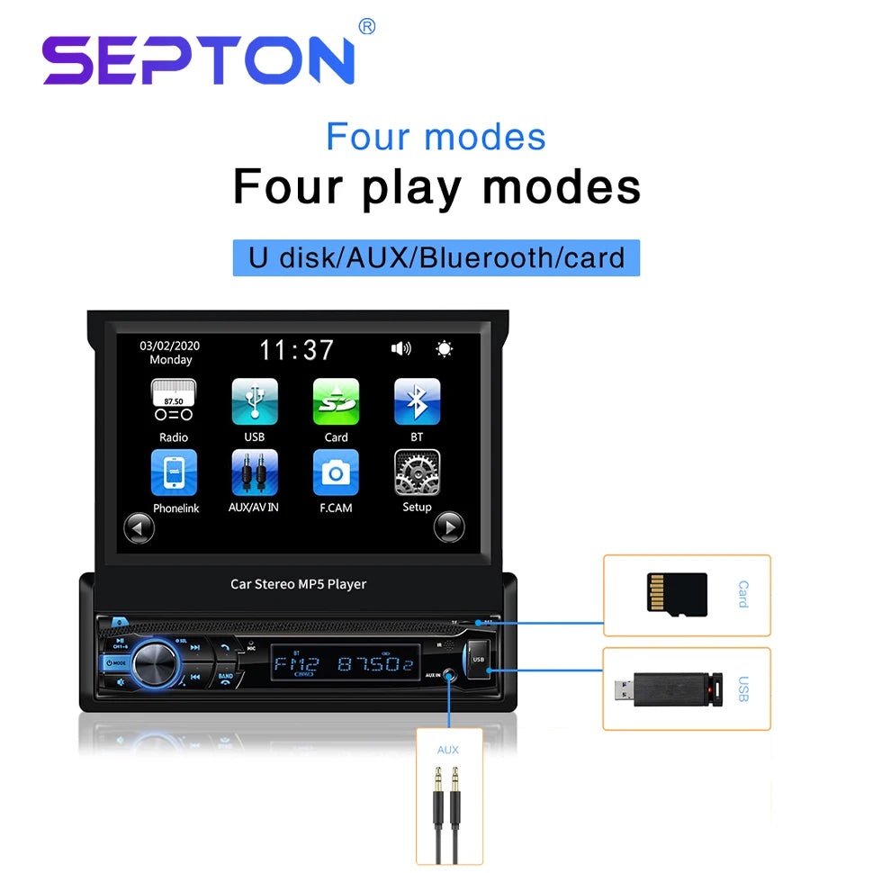 SEPTON Car Radio Stereo Audio for Universal 1 DIN Automatically Retractable MP5 Multimedia Video Player BT/FM Car Radio Automotive