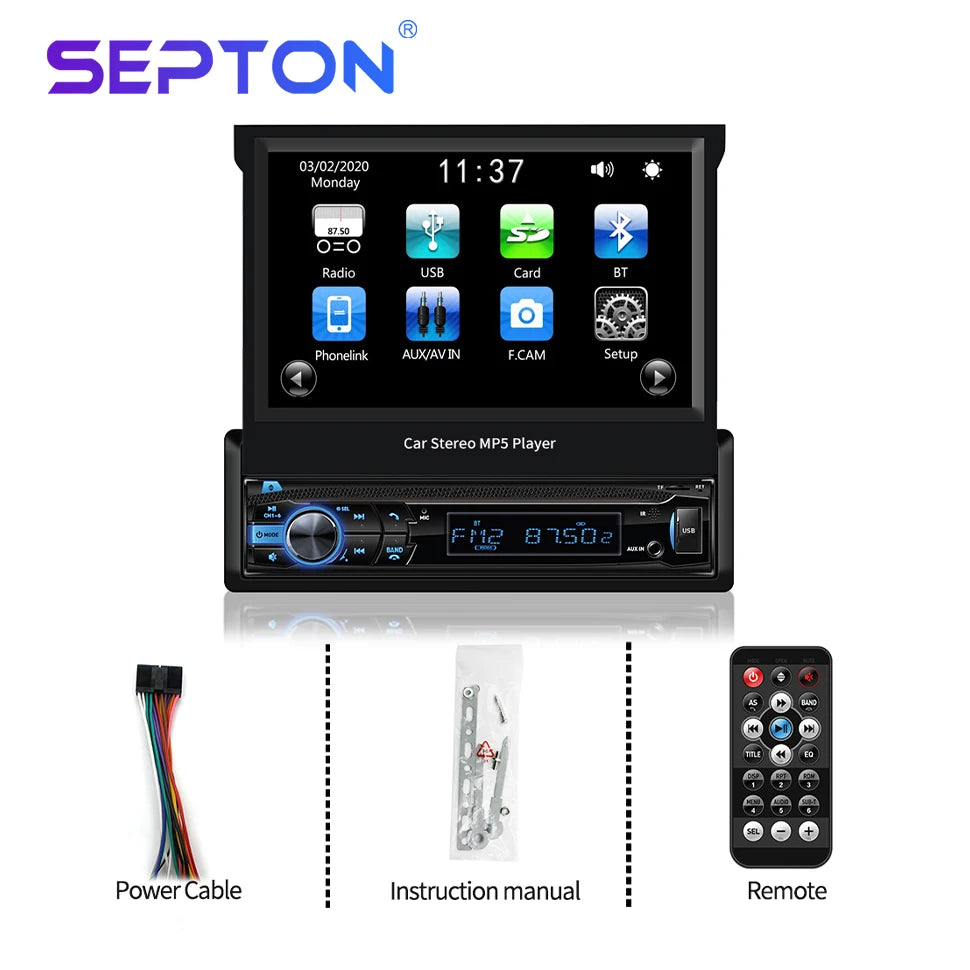 SEPTON Car Radio Stereo Audio for Universal 1 DIN Automatically Retractable MP5 Multimedia Video Player BT/FM Car Radio Automotive