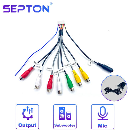 SEPTON 20 Pin Universal RCA Cable Adapter Wiring Connector for Android Car Radio Output Wire Harness Mic Interface Line 3.5mm