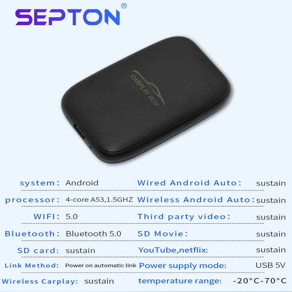 SEPTON CarPlay Android Smart AI TV Box Portable Wireless Android Auto CarPlay arplay&Auto Box Dongle For OEM Wired CarPlay Radio